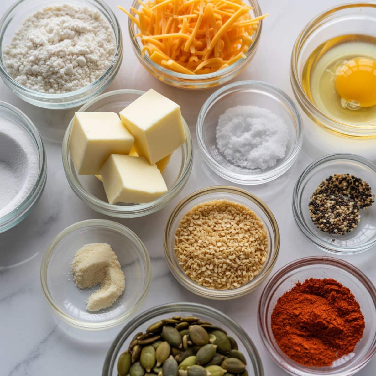 Top-down view of almond flour, cheese, butter, egg, and spices for homemade keto crackers on a white table.