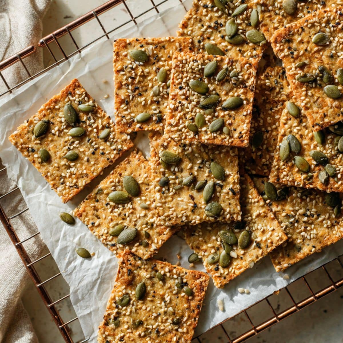 Homemade keto crackers recipe cooling on a wire rack in natural light on a white kitchen table.