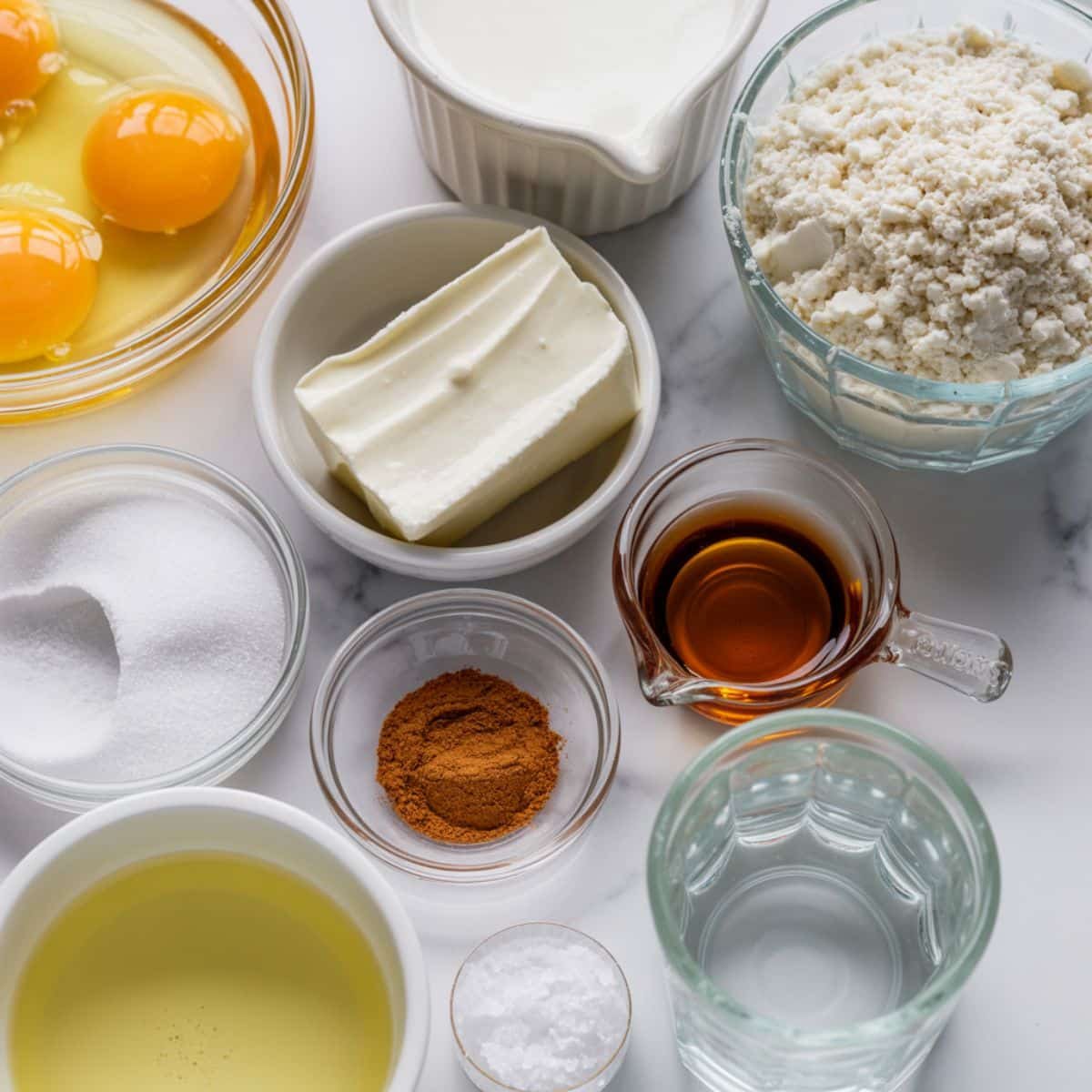 Flat lay of keto crepe ingredients on a white kitchen table with natural light.