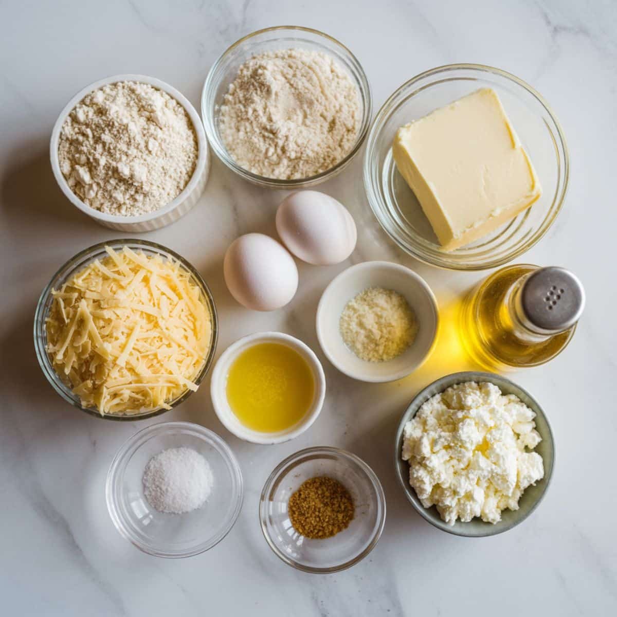 Keto flatbread ingredients — almond flour, eggs, cheese, and seasonings on a white kitchen table.