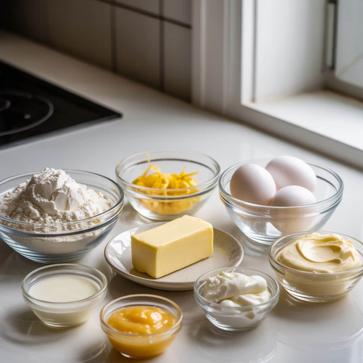 Flat lay of lemon curd cake ingredients on a white kitchen counter with natural light.