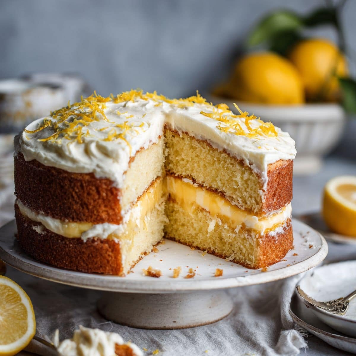 Homemade lemon curd cake slice with cream cheese frosting on a white kitchen table.