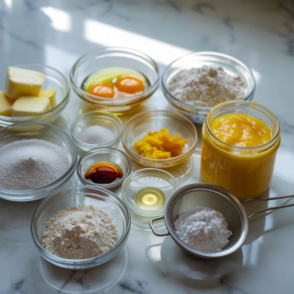 Overhead view of lemon curd cookie ingredients — butter, eggs, sugar, flour, lemon zest, lemon juice, vanilla, baking powder, salt, cornstarch, and lemon curd — arranged on a white kitchen counter.