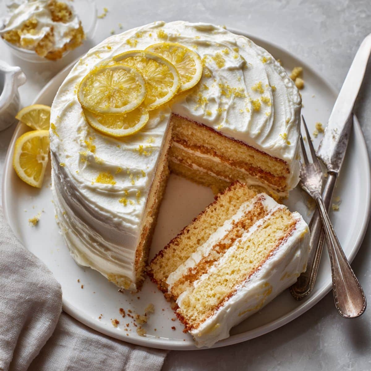 A slice of homemade lemon pie cake with creamy lemon filling and whipped frosting on a white kitchen table, photographed from above.