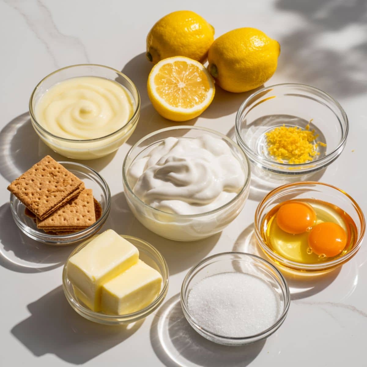 Lemon pie ingredients on white counter.