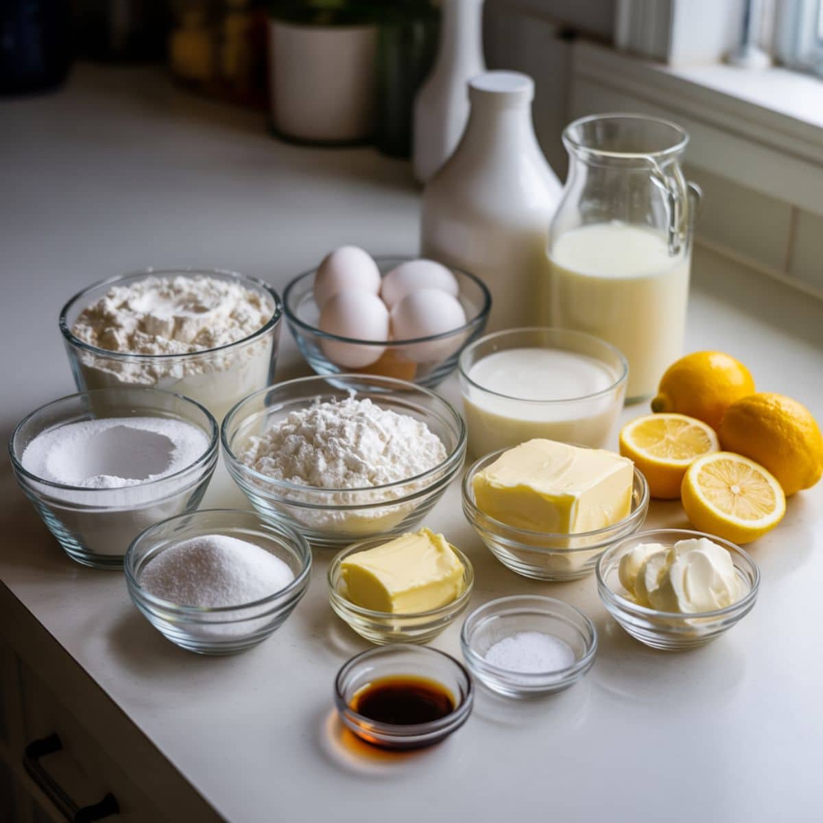Ingredients for lemon sheet cake — flour, sugar, butter, eggs, buttermilk, sour cream, fresh lemons, baking powder, baking soda, salt, vanilla, powdered sugar, heavy cream, and cream cheese on a white kitchen table, shot from above.
