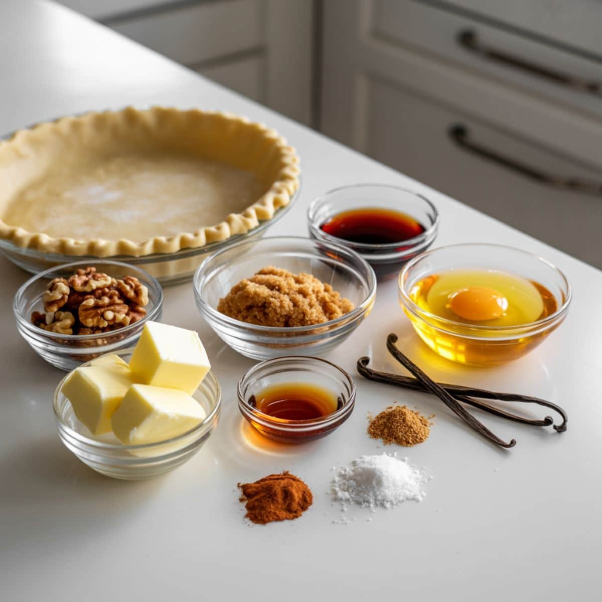 A top-down flat lay of maple walnut pie ingredients including walnuts, maple syrup, brown sugar, and eggs on a white kitchen table.