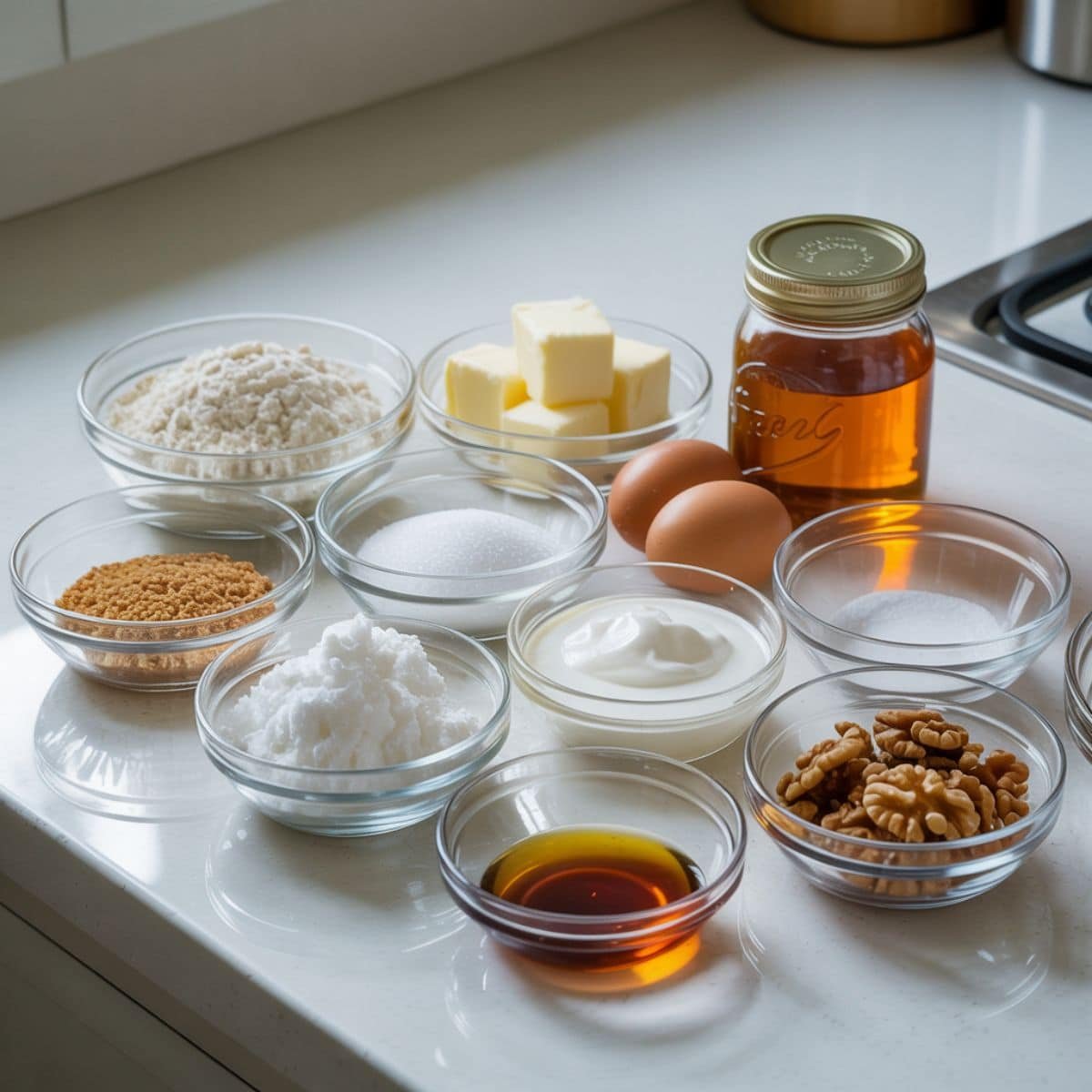 Overhead shot of Russian honey cake ingredients on a white kitchen table, including flour, butter, honey, eggs, sour cream, and cream.