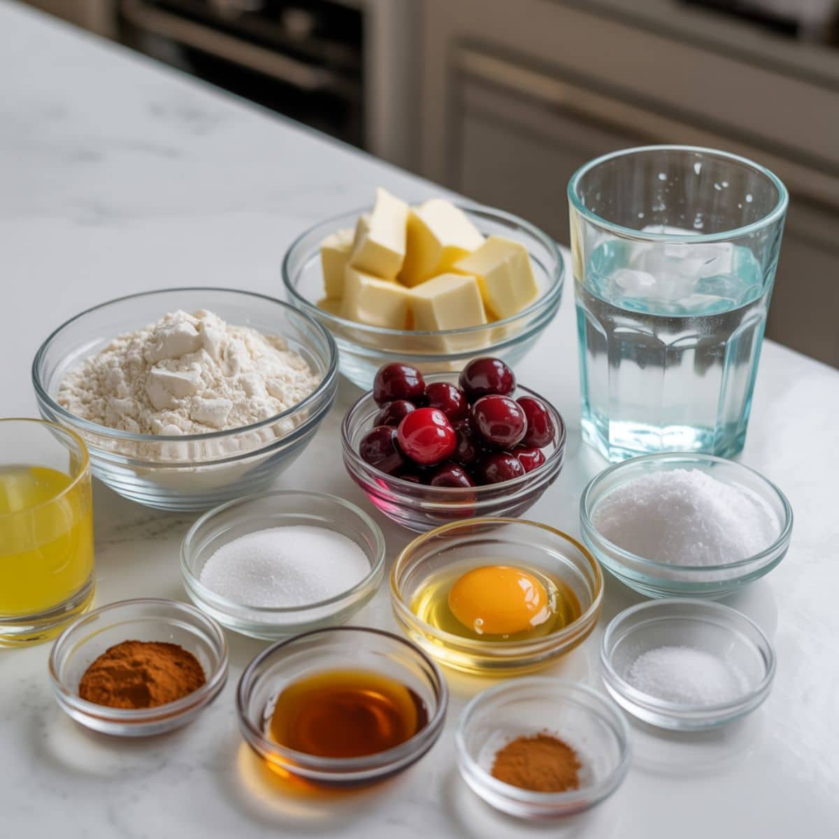 Flat lay of mini cherry pie ingredients — flour, butter, cherries, sugar, and baking tools on a white kitchen counter, captured in natural light.