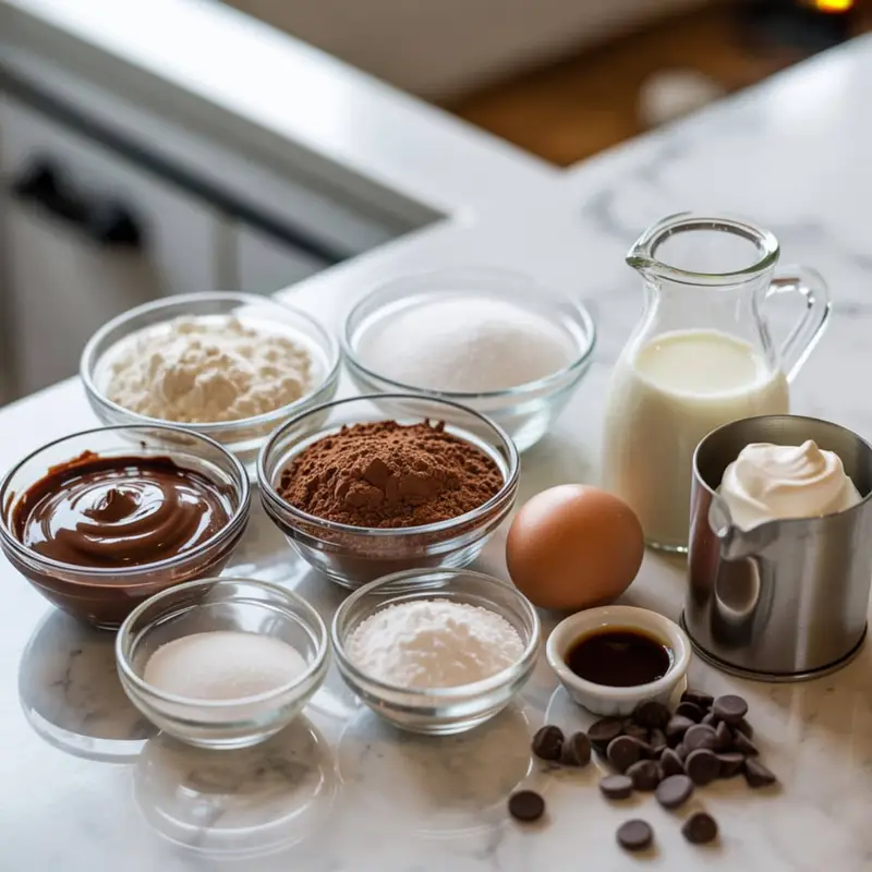 Nutella mug cake ingredients on a white kitchen counter in small bowls, top-down view.