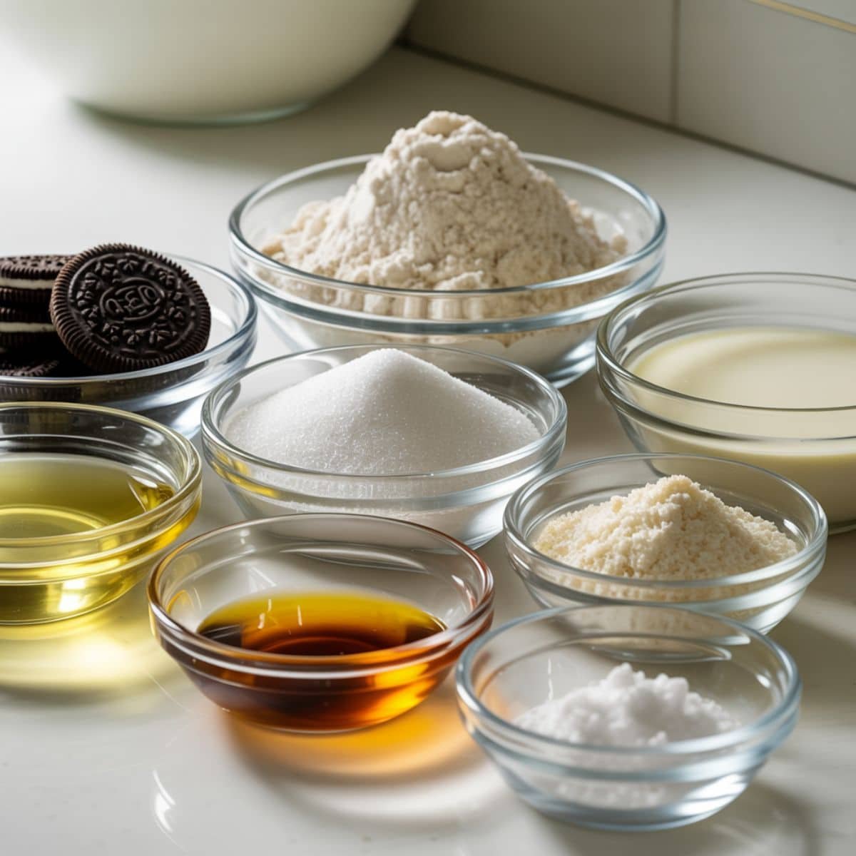 top view of Oreo mug cake ingredients on white table