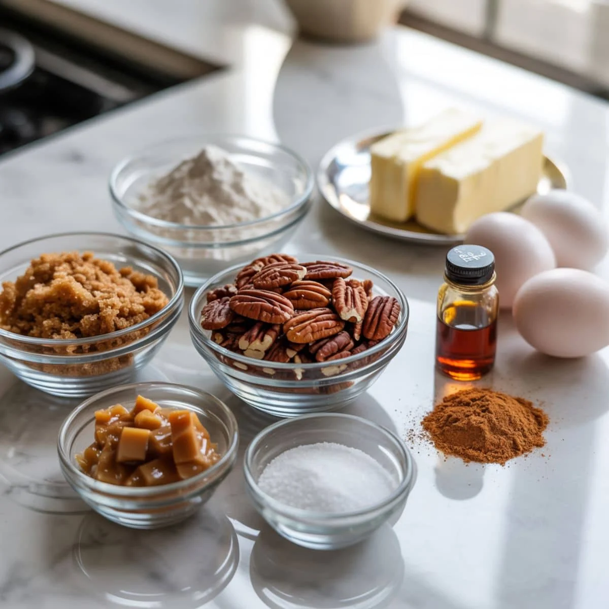 Flat lay of pecan pie cookie ingredients including brown sugar, flour, butter, eggs, vanilla, pecans, caramel pieces, and cinnamon on a white kitchen counter in natural light.