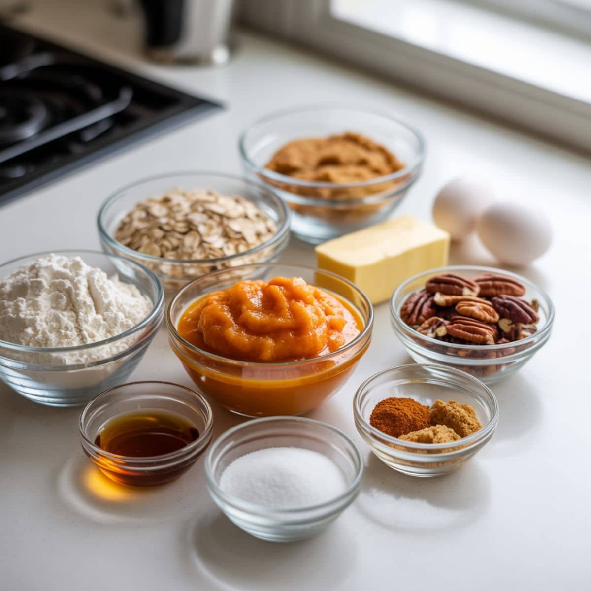 Flat lay of persimmon cookie ingredients on a white counter with natural light.