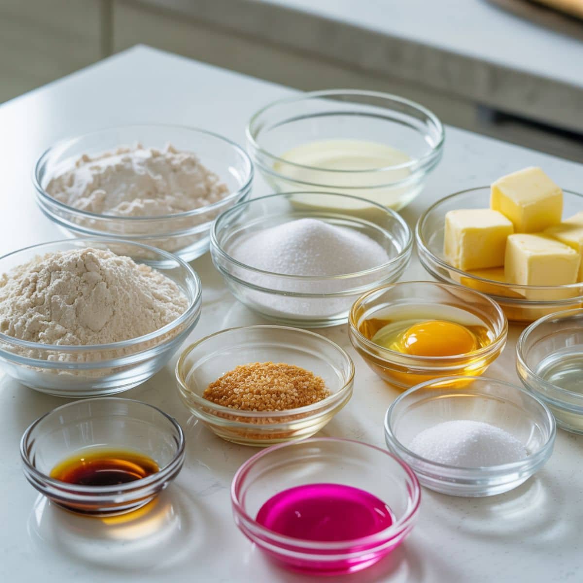 Flat lay of pink concha bread ingredients on a white kitchen counter with natural light.