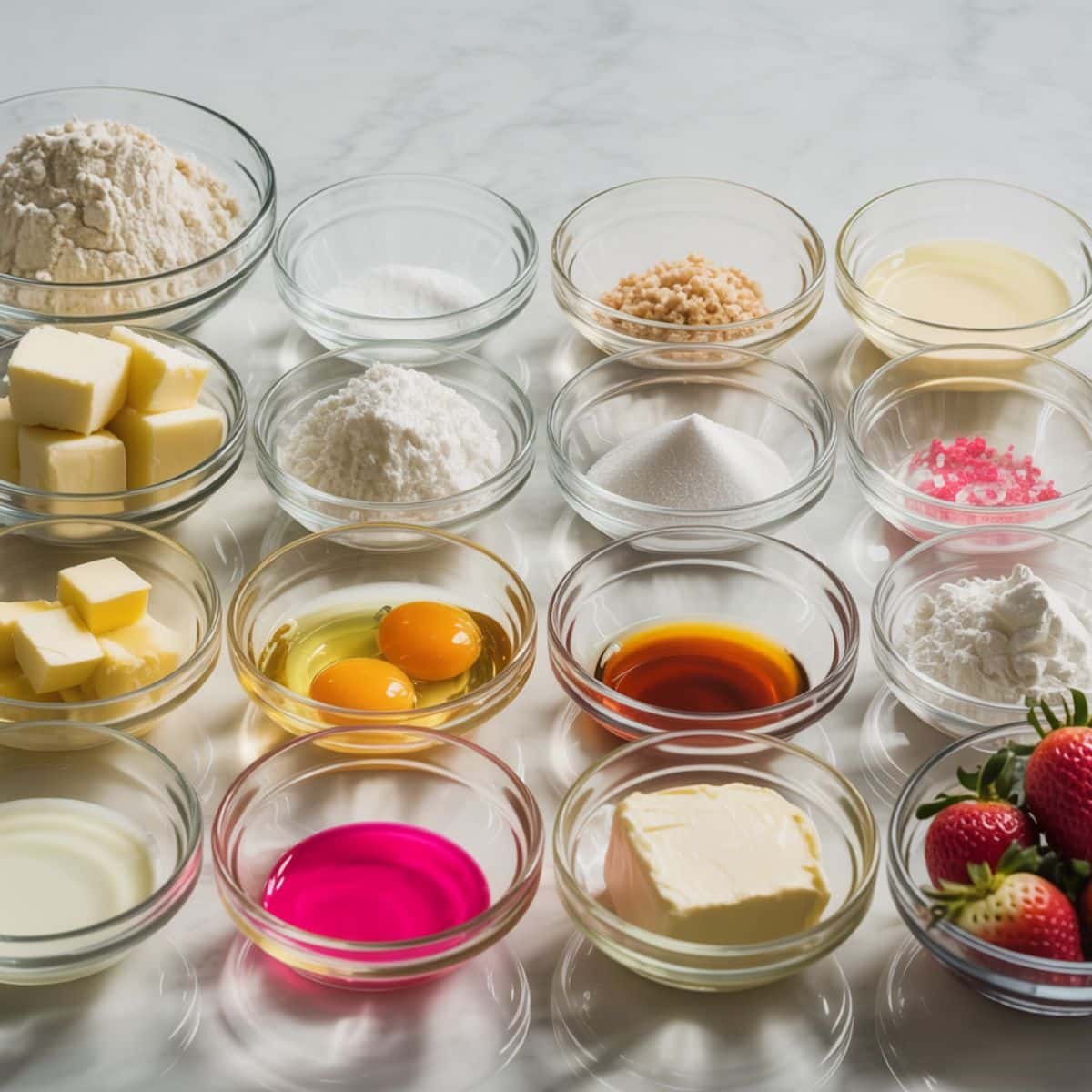 Flat lay of pink cupcake ingredients on a white kitchen counter