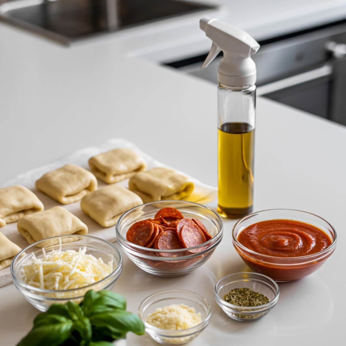 Pizza roll ingredients laid out on a white kitchen table before cooking