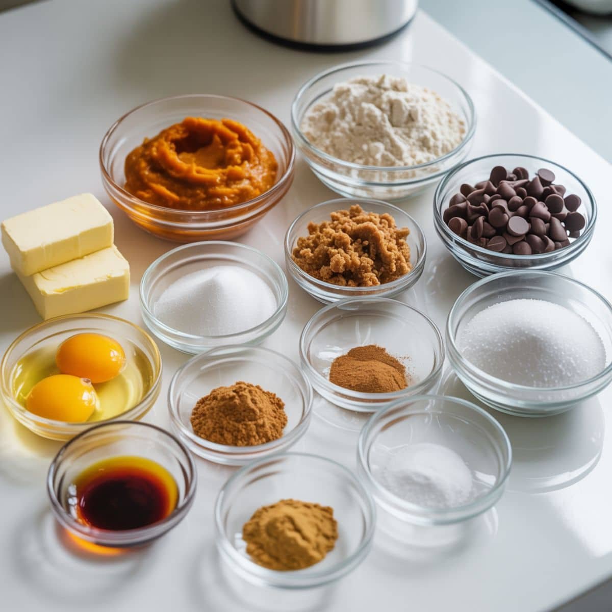 Pumpkin chocolate chip cookie ingredients arranged on a white kitchen table, top-down view.