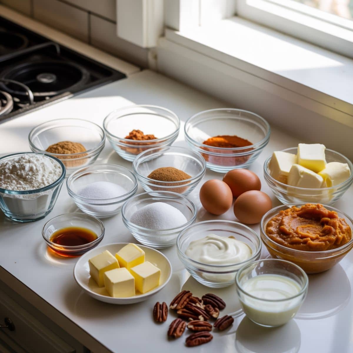 Pumpkin cinnamon coffee cake ingredients laid out on a white kitchen table, including flour, sugars, spices, butter, eggs, pumpkin puree, sour cream, buttermilk, and nuts.