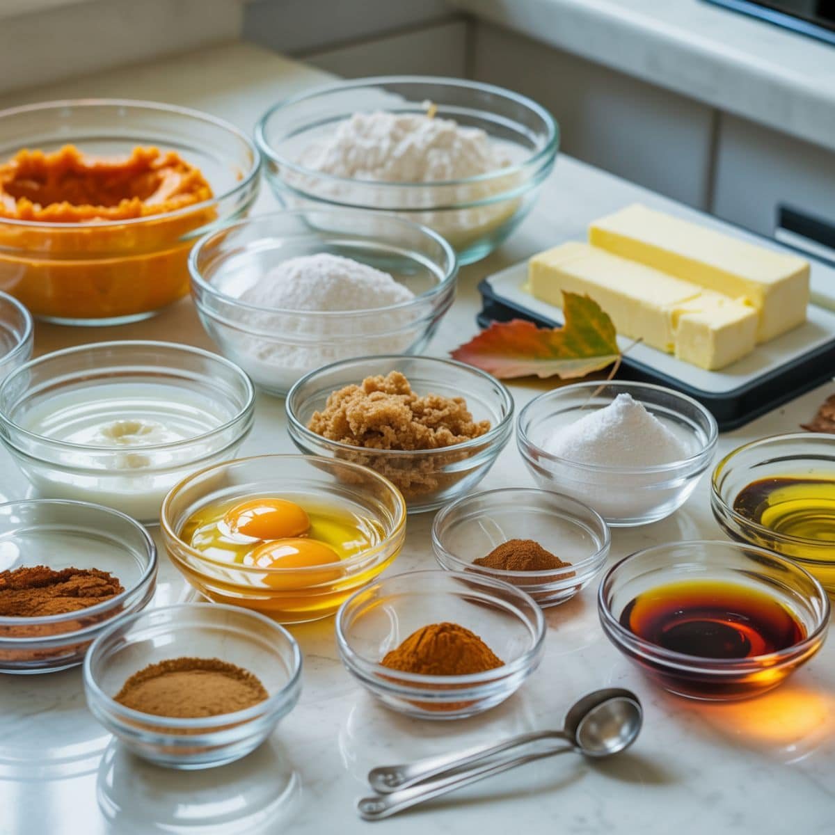 Flat lay of pumpkin cupcake ingredients on a white kitchen counter.