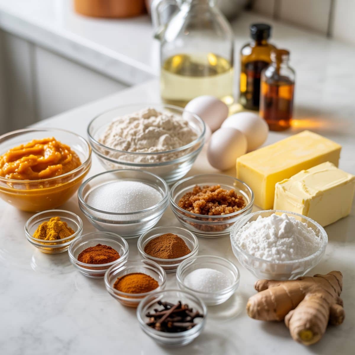Flat lay of pumpkin ginger cupcake ingredients arranged on a white kitchen table.