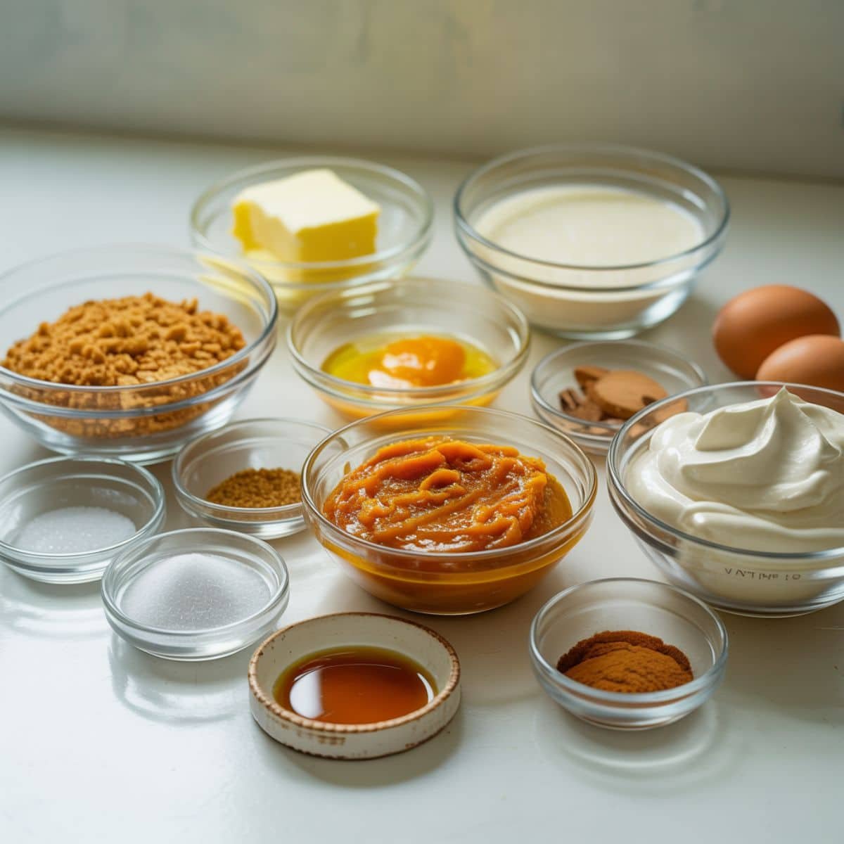 pumpkin pie bar ingredients on a white kitchen counter with natural light