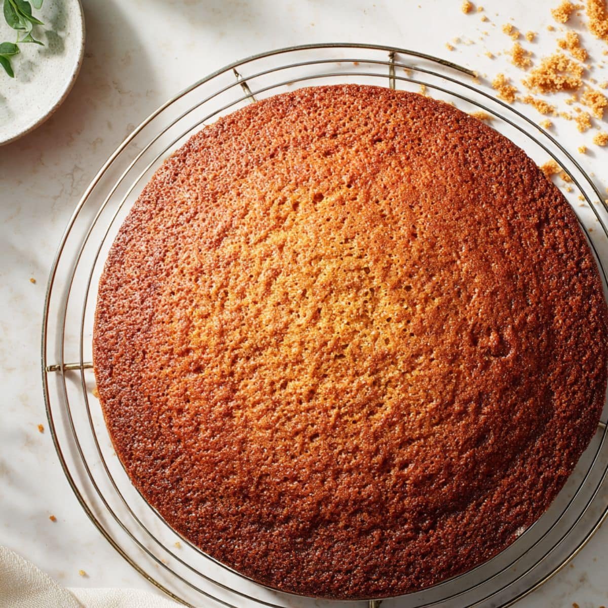 Homemade honey cake cooling on a wire rack, shot from above on a white kitchen table with natural light.