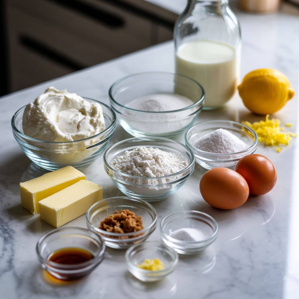 Flat lay of ricotta cookie ingredients on a white kitchen table, including ricotta cheese, flour, sugar, eggs, and lemon zest.