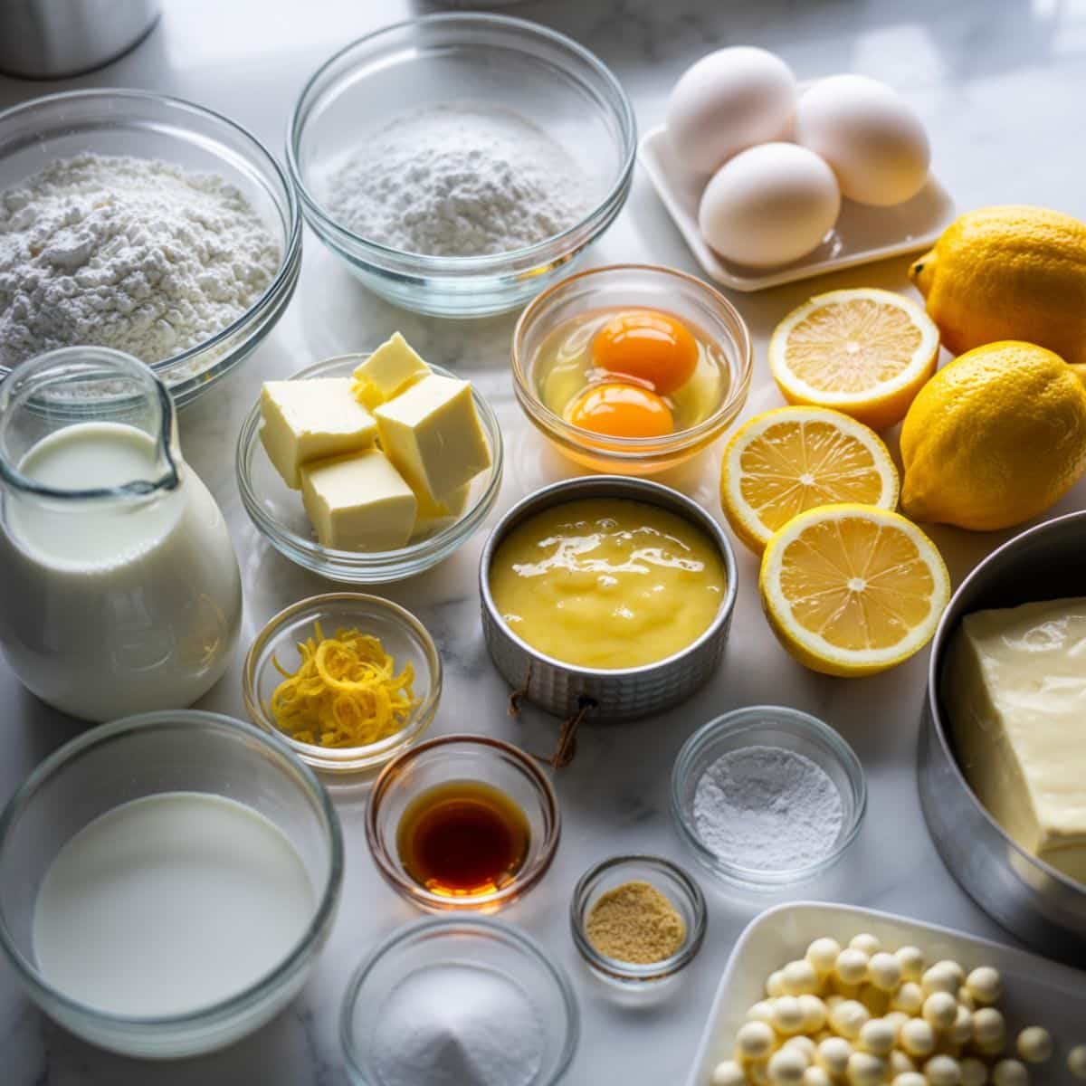 Overhead photo of lemon pie cake ingredients — flour, butter, sugar, eggs, milk, lemons, and lemon filling — arranged casually on a white kitchen table.