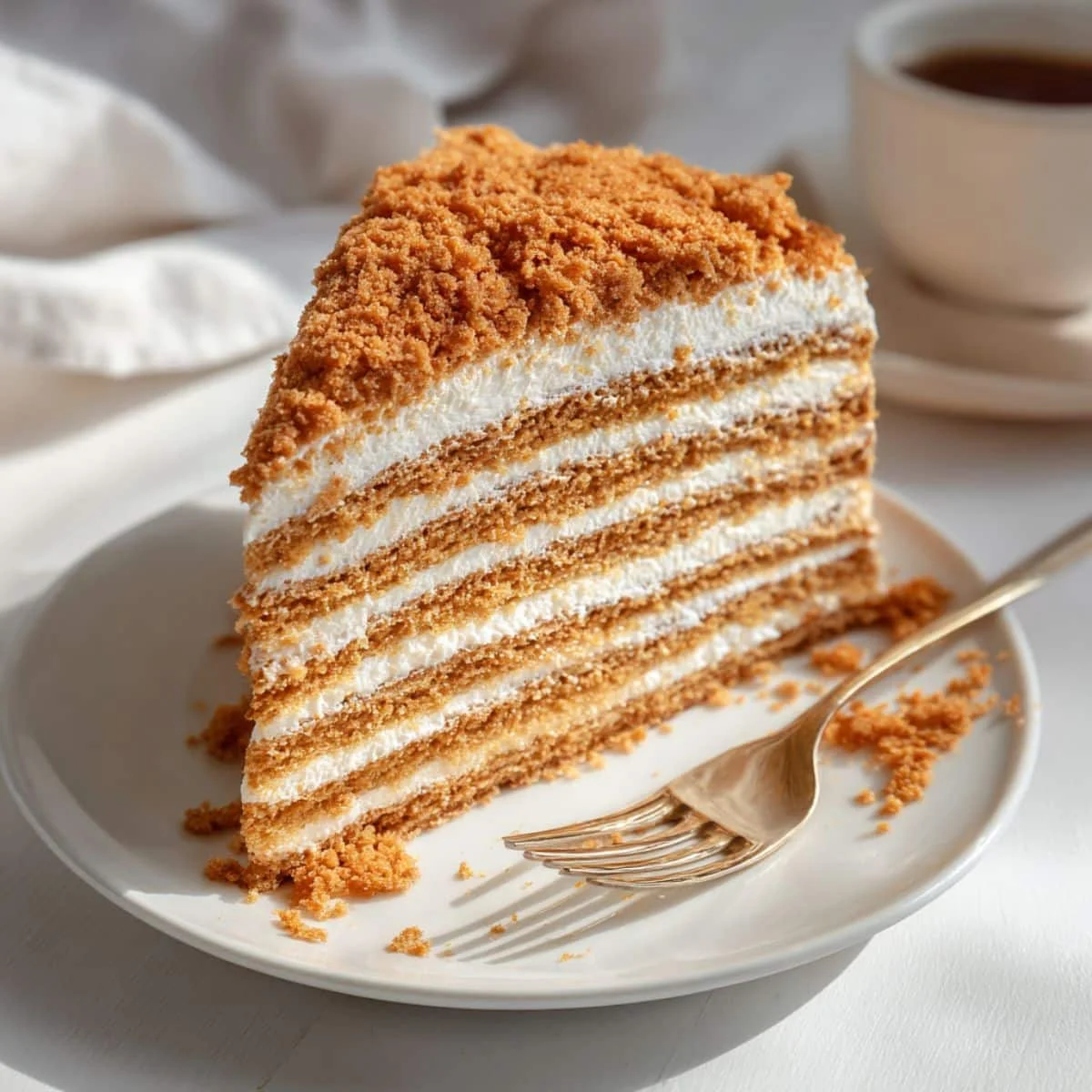 Top-down photo of a homemade Russian honey cake slice showing creamy layers and honey crumbs on a white kitchen table.