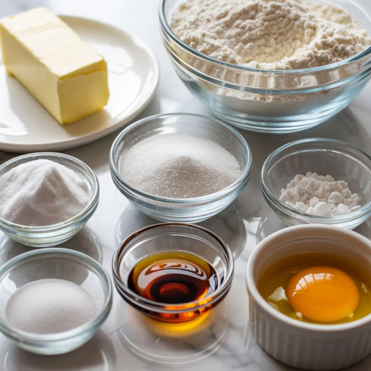 Flat lay of shortbread bar ingredients on a white kitchen counter.