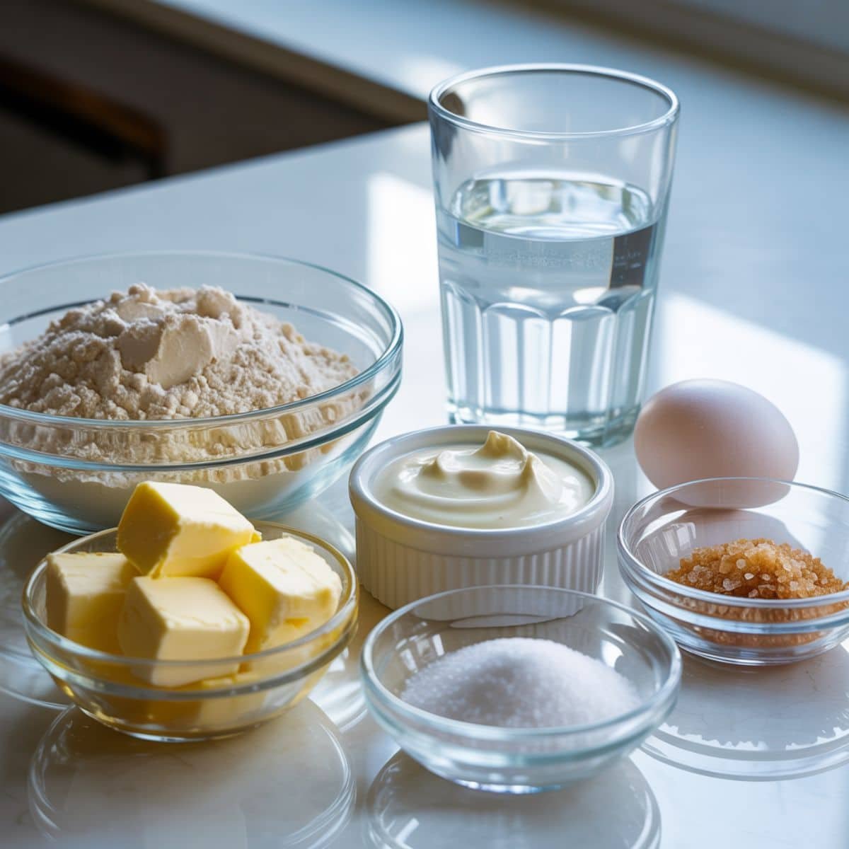 Overhead photo of sour cream pie crust ingredients on a white kitchen table — flour, butter, sour cream, sugar, salt, egg, and ice water in small bowls.
