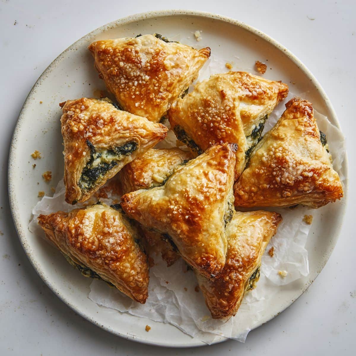 Golden homemade spinach puff pastries cooling on a white kitchen counter, captured from above with a warm natural light.