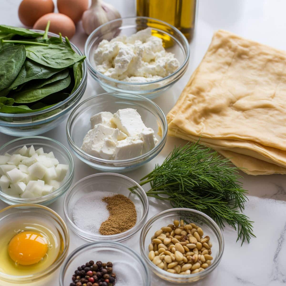 Overhead shot of spinach puff pastry ingredients — fresh spinach, feta, ricotta, puff pastry, and herbs — laid out on a white kitchen counter.