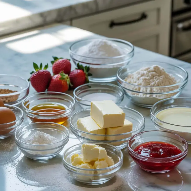 Overhead view of strawberry cupcake ingredients arranged casually on a white kitchen counter with natural light.
