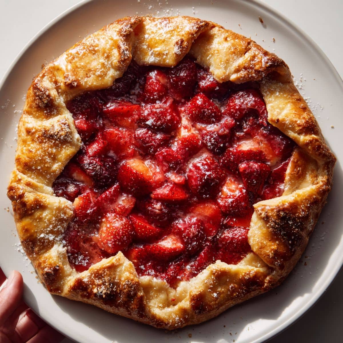 Homemade strawberry crostata with golden crust and jammy strawberry filling on a white kitchen table, photographed from above in natural light.