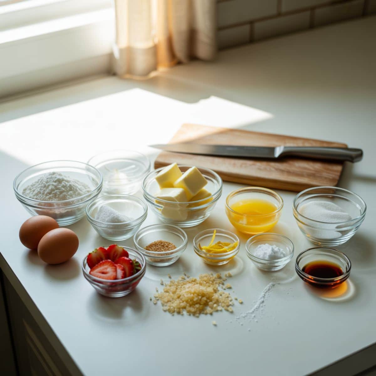 Overhead photo of strawberry crostata ingredients on a white kitchen table including flour, butter, eggs, sugar, strawberries, lemon, and vanilla extract, styled casually in natural light.