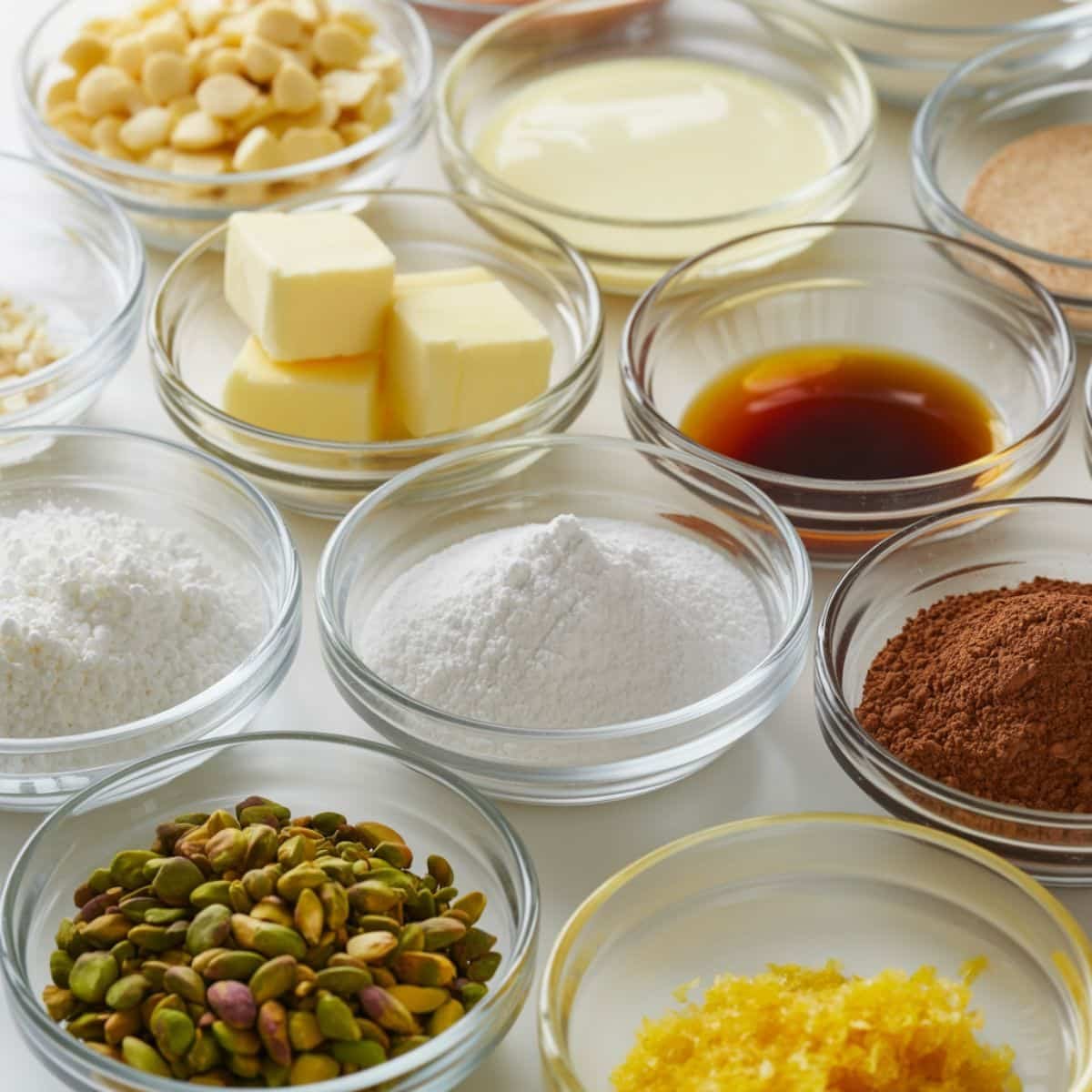 Flat lay of white chocolate truffle ingredients on a white kitchen counter, showing chocolate, cream, butter, and toppings in small bowls.