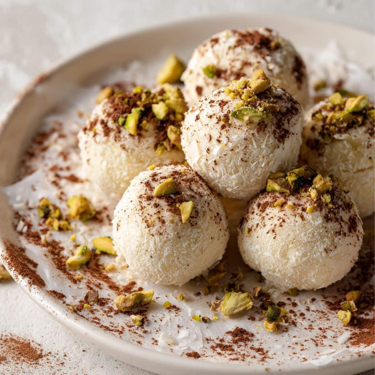 Homemade white chocolate truffles on parchment paper, photographed from above on a white kitchen table with natural light.