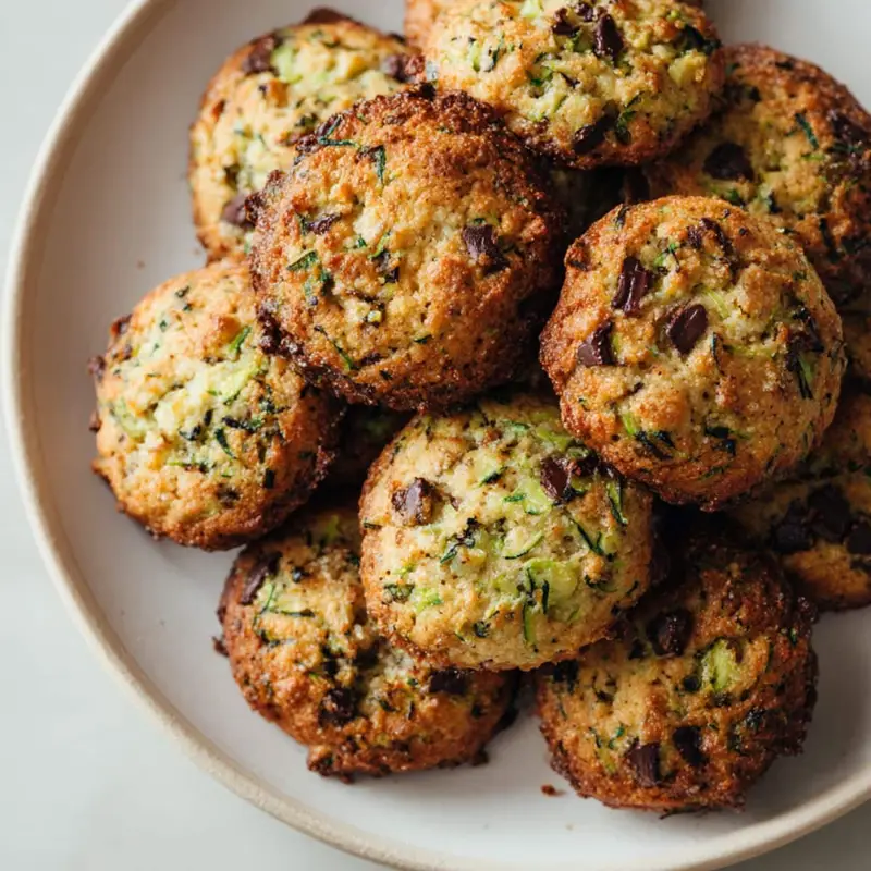 Homemade zucchini cookies with chocolate chips on a white kitchen table, photographed from above with a natural homemade feel.