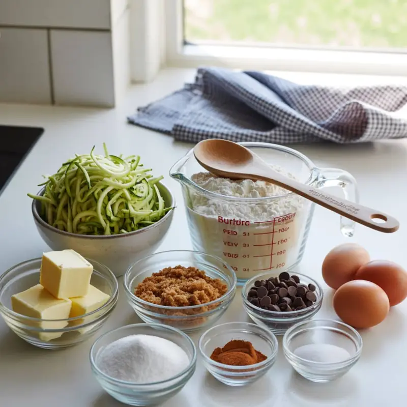 Flatlay of zucchini cookie ingredients including shredded zucchini, flour, butter, sugar, brown sugar, eggs, chocolate chips, cinnamon, baking powder, baking soda, and salt on a white kitchen table.