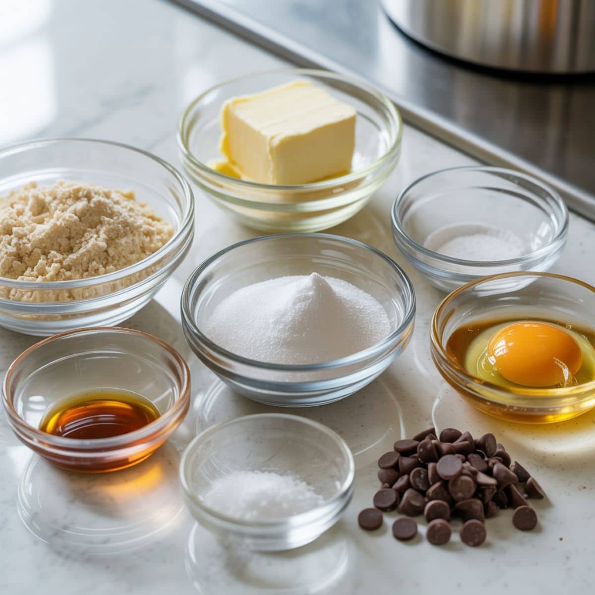 Ingredients for almond flour mug cake arranged on a white kitchen table, shot from above in natural light.