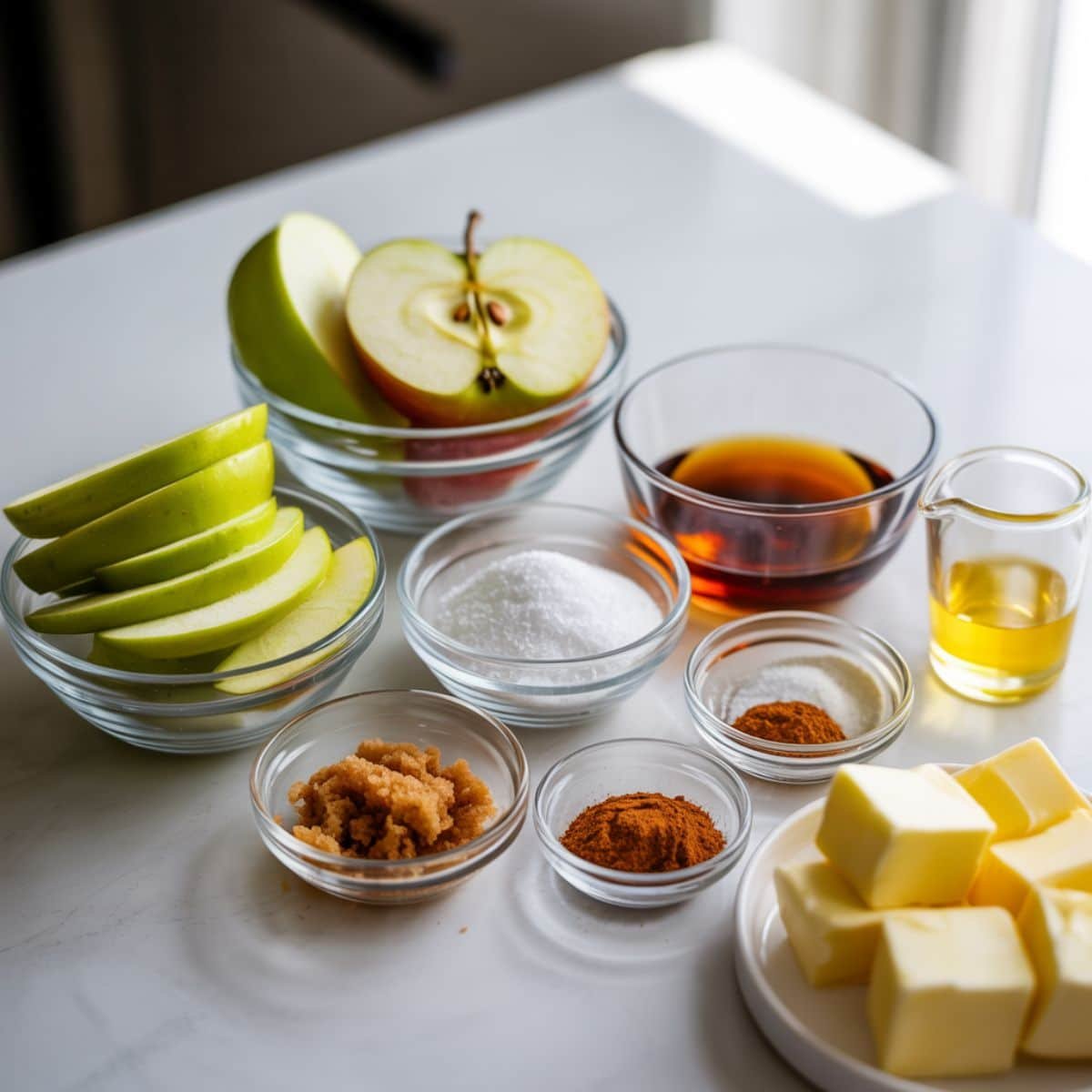 Top-down view of apple pie filling ingredients including sliced apples, sugar, spices, and butter on a white kitchen counter.