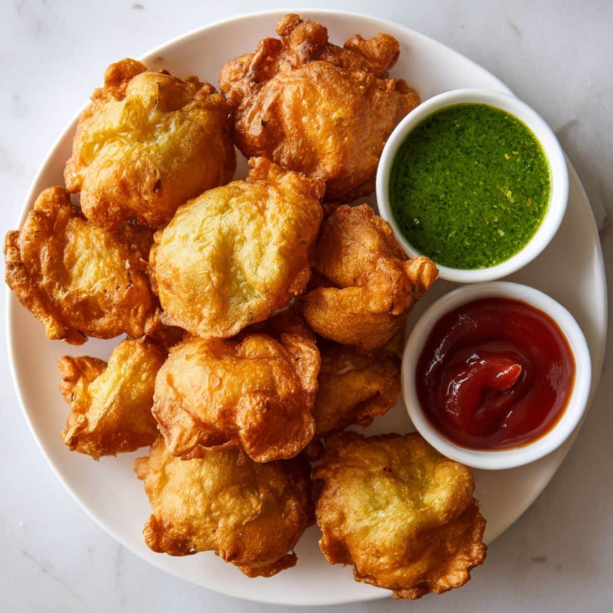 Golden crispy bread pakoras on a white plate with chutney and ketchup, photographed top-down on a white kitchen table in a real homemade setting