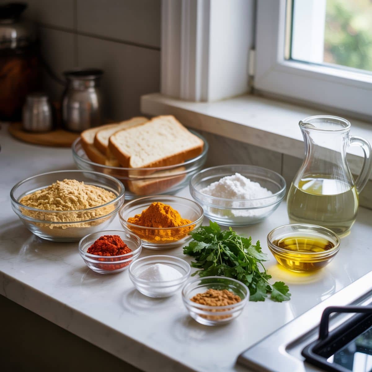 Top-down view of bread pakora ingredients