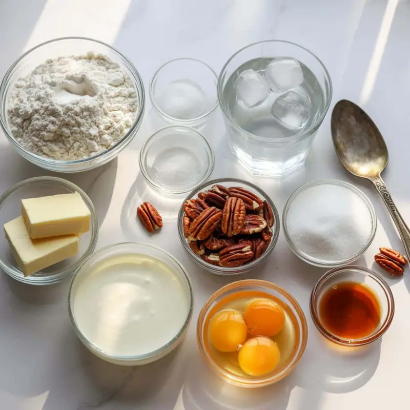 Flat lay of caramel pecan pie ingredients — butter, flour, sugar, pecans, eggs, and cream on a white counter.