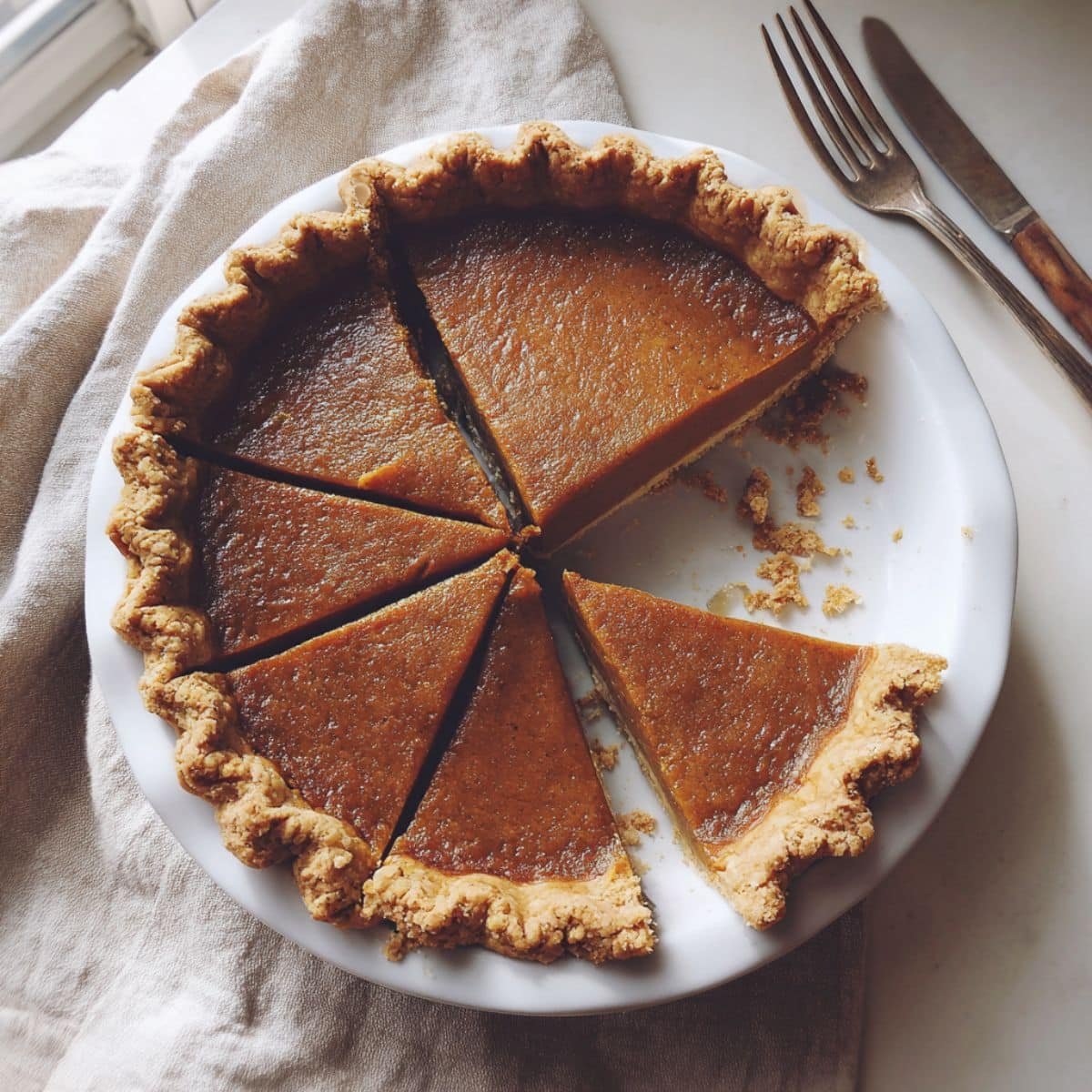 Homemade chai pumpkin pie sliced on a white kitchen table, shot from above with natural lighting.