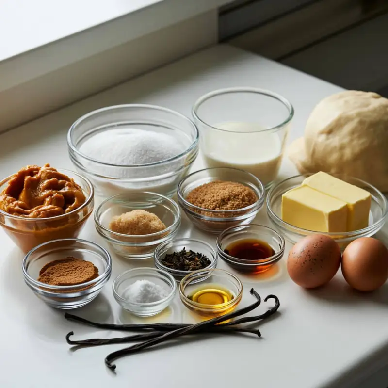 Overhead photo of chai pumpkin pie ingredients laid out on a white kitchen table — pumpkin puree, spices, cream, sugar, and eggs.