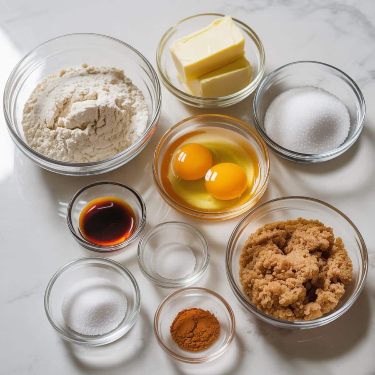 Top-down view of cinnamon roll sugar cookie ingredients on a white kitchen counter.