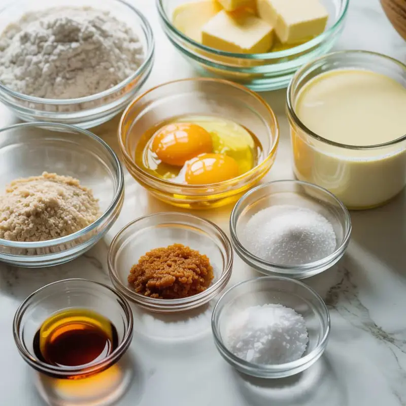 Coconut flour, eggs, butter, almond milk, and other keto bread ingredients arranged naturally on a white kitchen table.