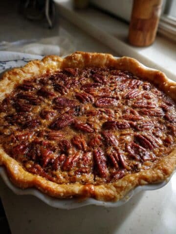 Homemade caramel pecan pie on a white kitchen counter with a golden crust and glossy caramel filling.